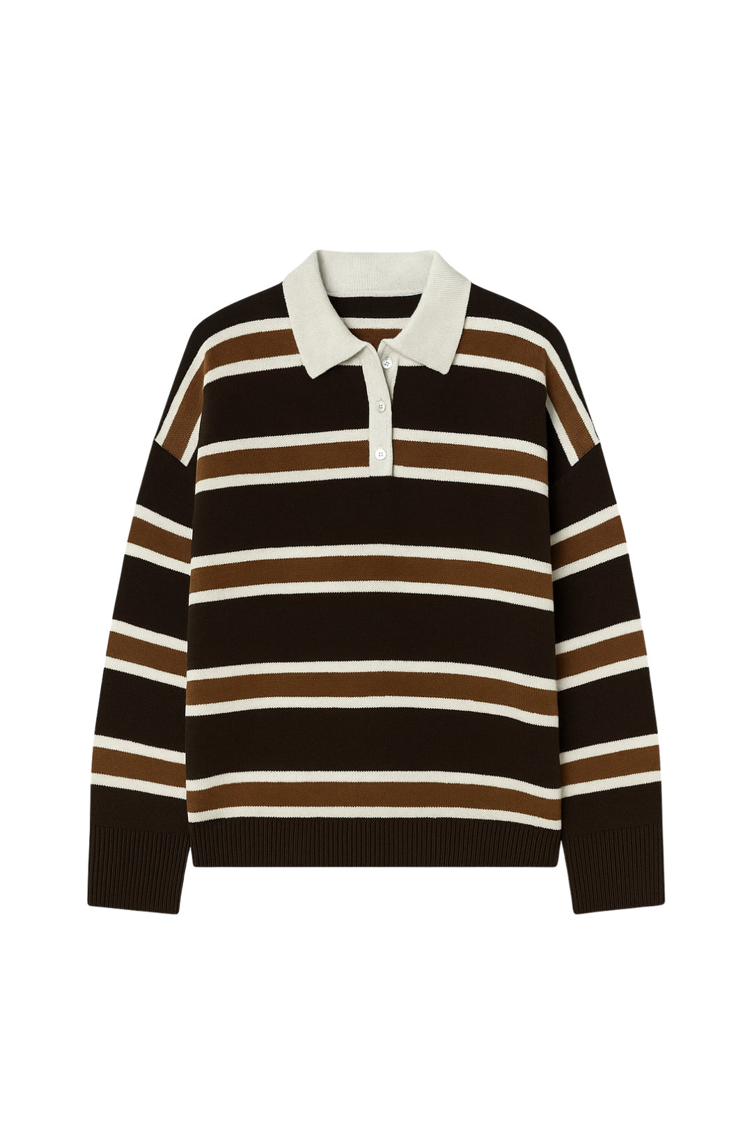 Çizgili Düğmeli Polo Yaka Bej Triko Bluz