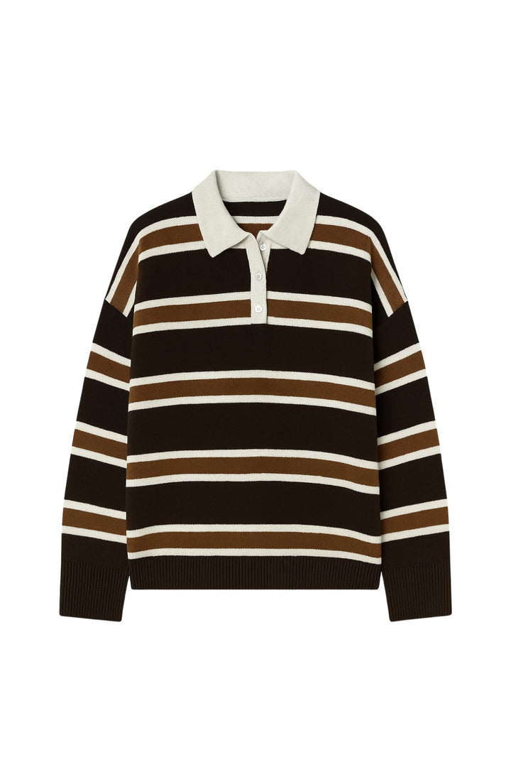 Çizgili Düğmeli Polo Yaka Bej Triko Bluz