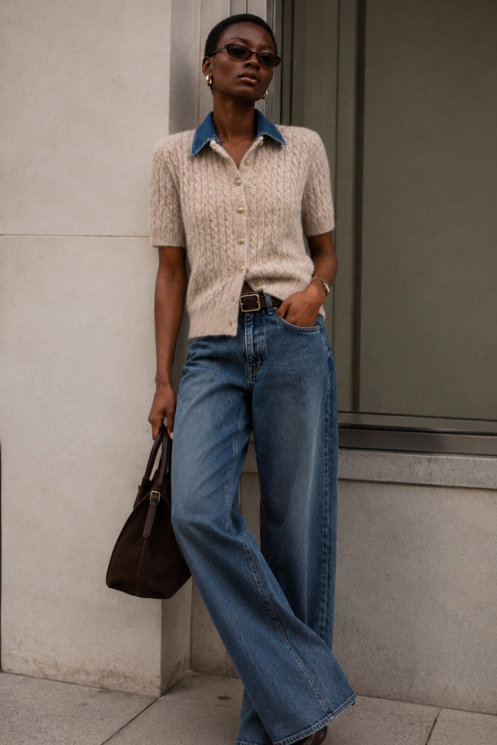 Denim Yaka Gold Düğmeli Yarım Kol Bej Triko Bluz