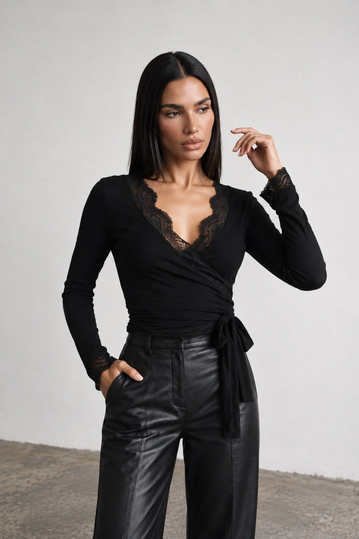 Black Lace Blouse with Wrap Tie