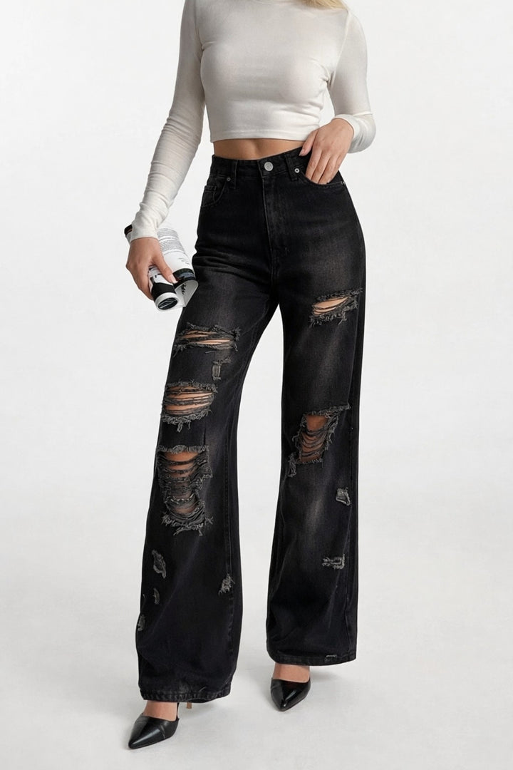 Lazer Kesim Wide Leg Yüksek Bel Siyah Jean