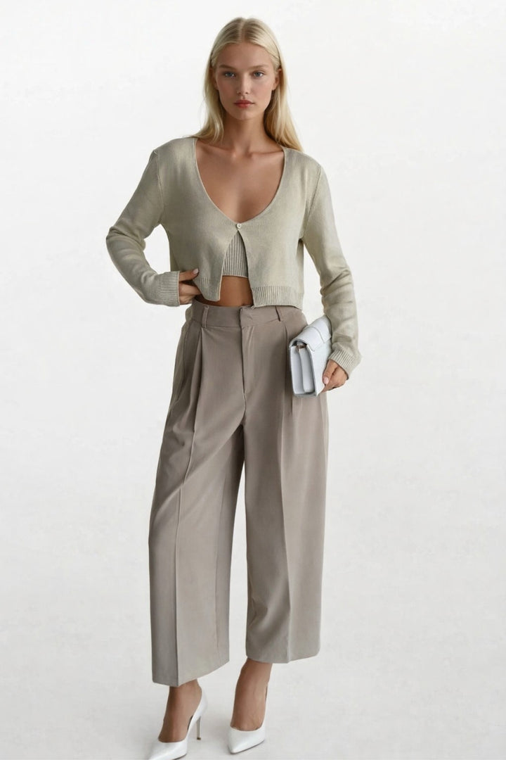 Strap Blouse Cardigan Beige Knitwear Set 