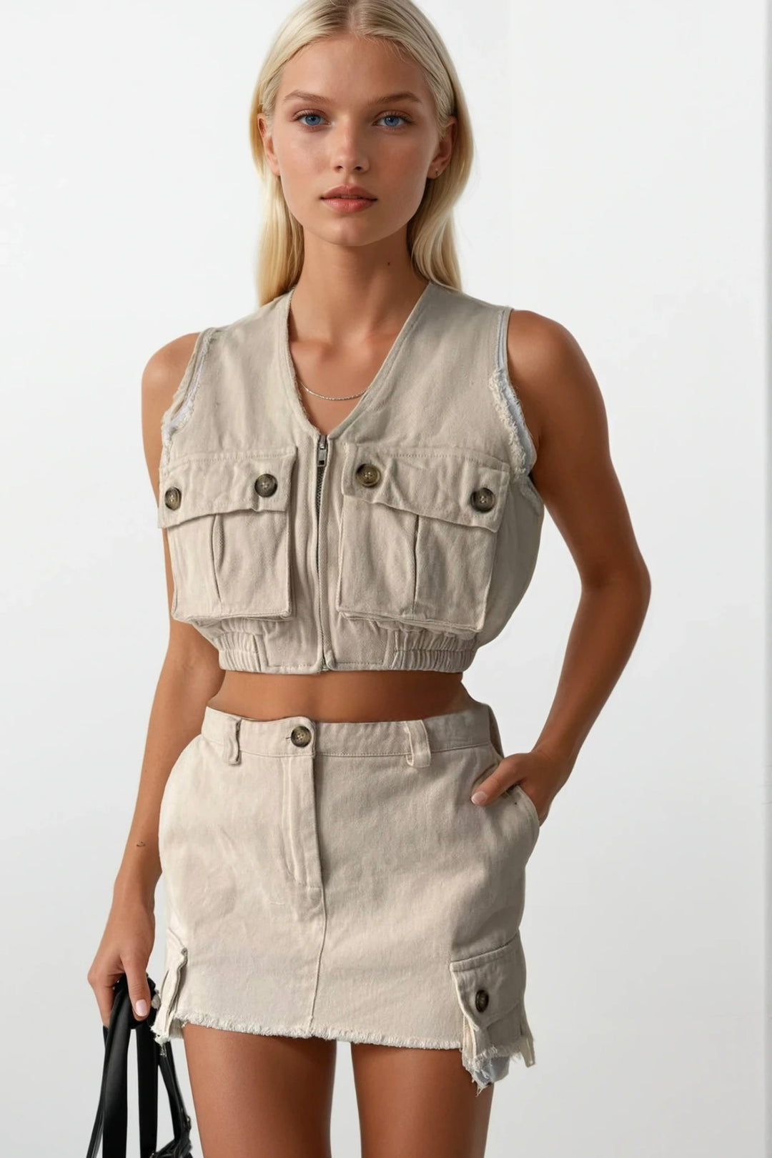 Yüksek Bel Astarlı Düğmeli Mini Taş Etek