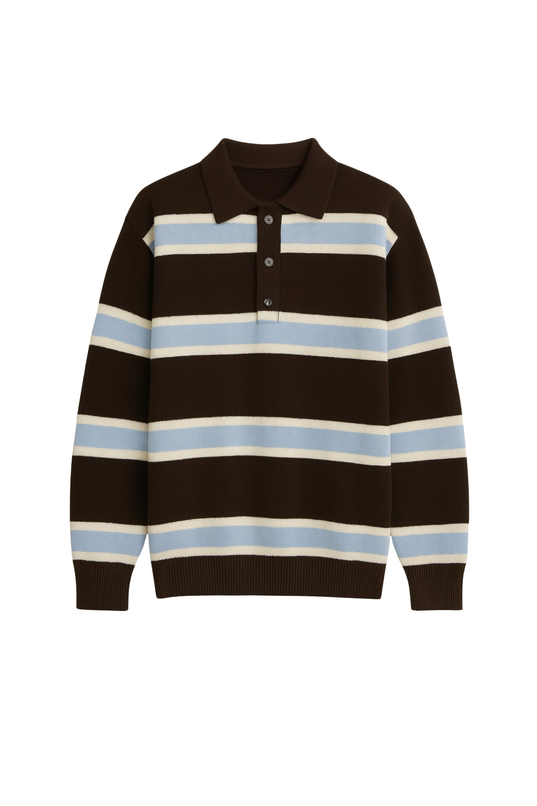 Polo Yaka Düğme Detay Kahverengi Çizgili Triko Kazak