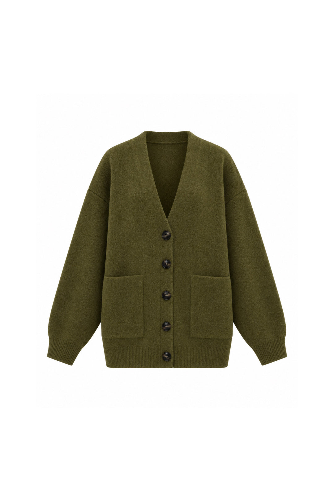 Düğme Detay Cepli Haki Triko Hırka