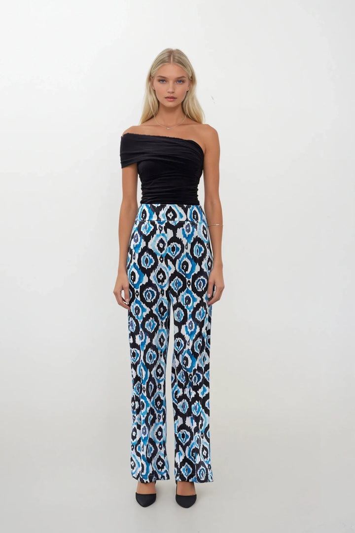 Desenli Saten Mavi Pantolon