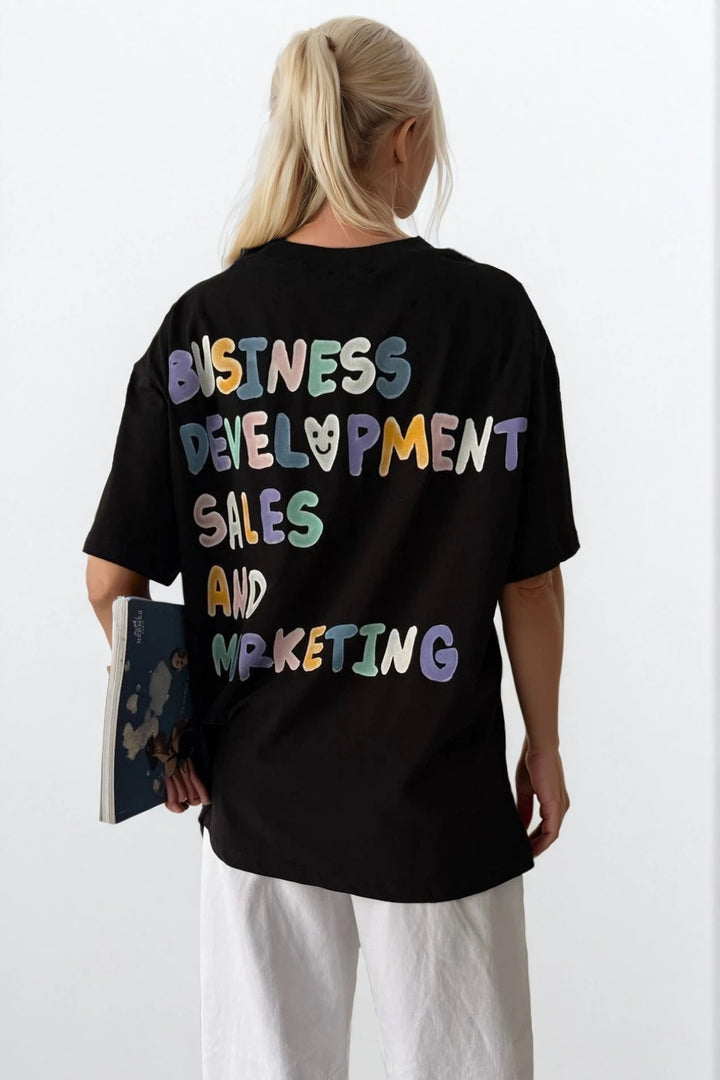 Sırt ve Ön Baskılı Oversize Siyah T-Shirt