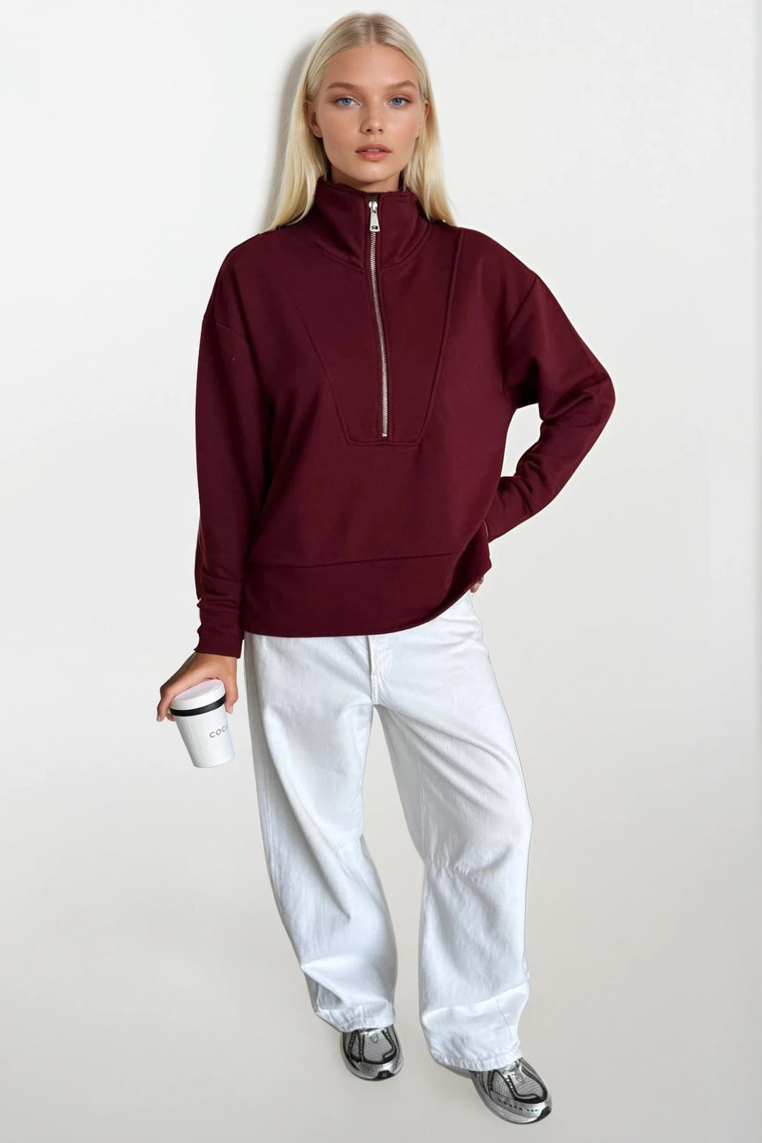 Fermuar ve Dikiş Detaylı Bordo Sweatshirt