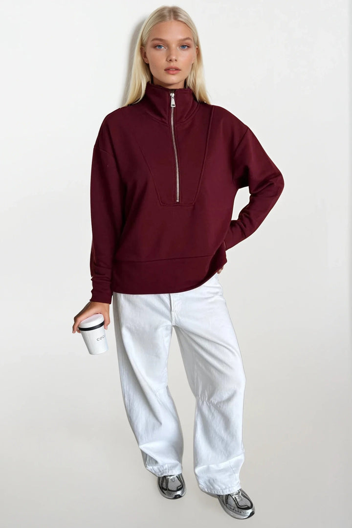 Fermuar ve Dikiş Detaylı Bordo Sweatshirt