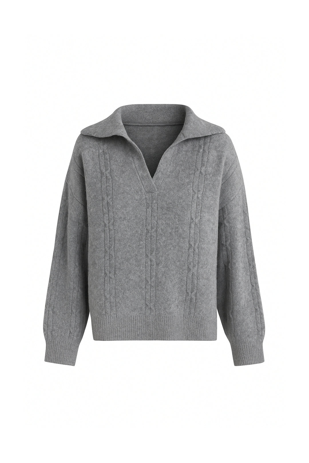 Polo Yaka Örgü Desen Gri Triko Kazak