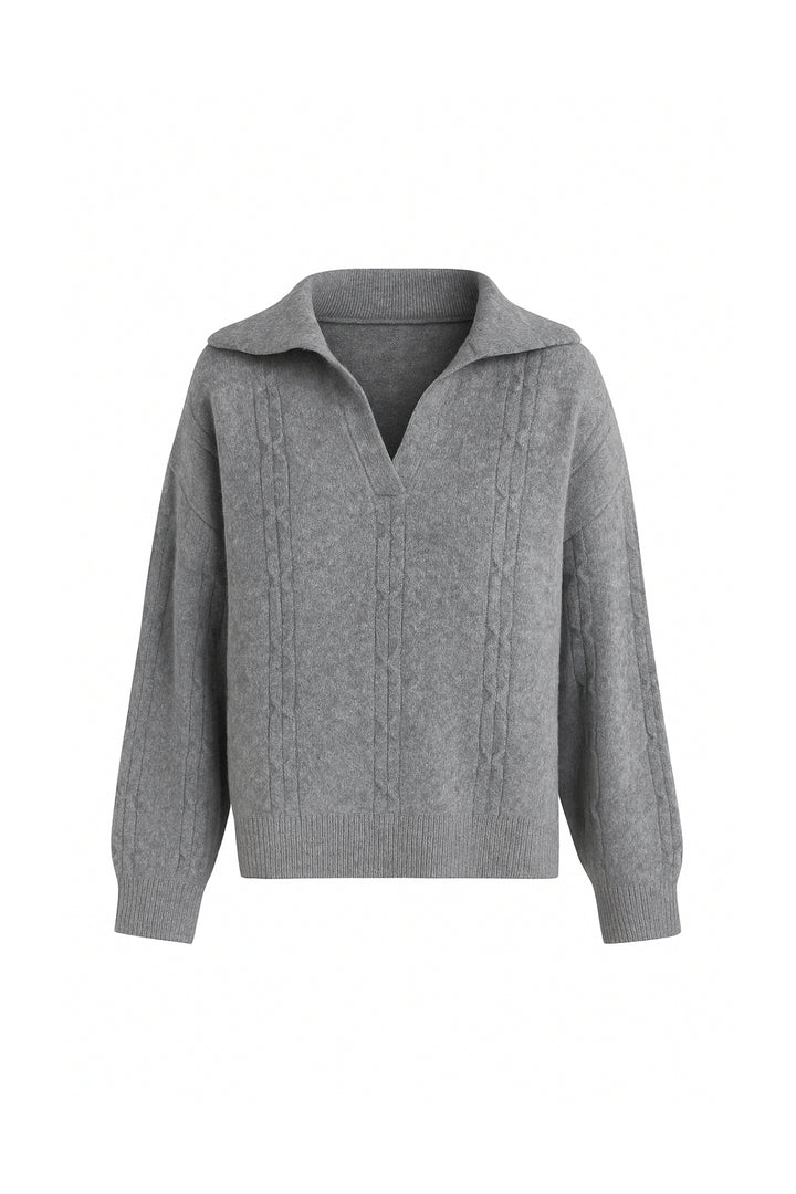 Polo Yaka Örgü Desen Gri Triko Kazak