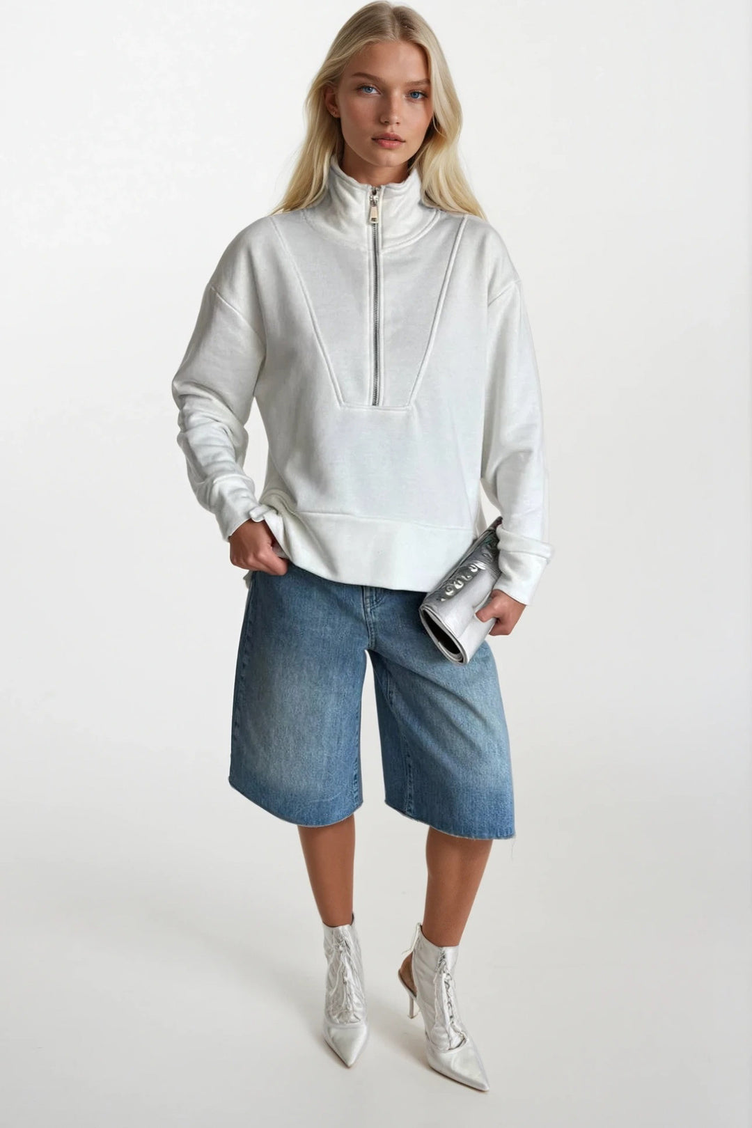 Fermuar ve Dikiş Detaylı Ekru Sweatshirt