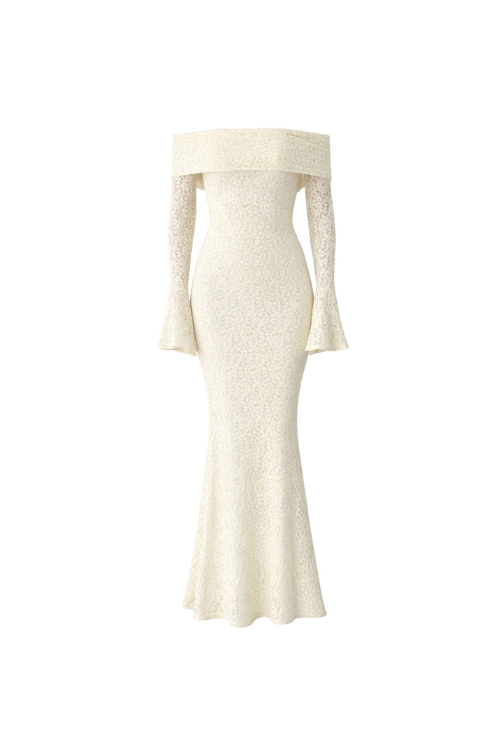 Madonna Yaka Dantelli Ekru Maxi Elbise