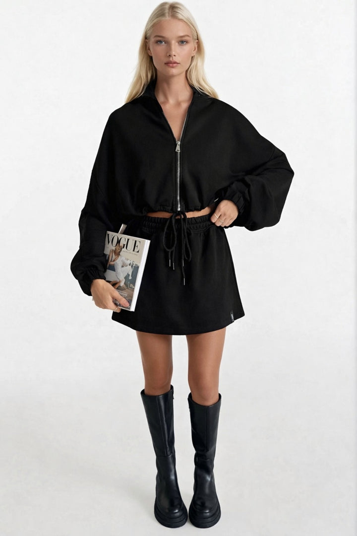 Beli Lastikli Fermuarlı Siyah Sweatshirt