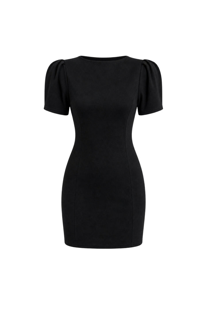 Shoulder Gathered Boat Neck Half Sleeve Black Mini Dress