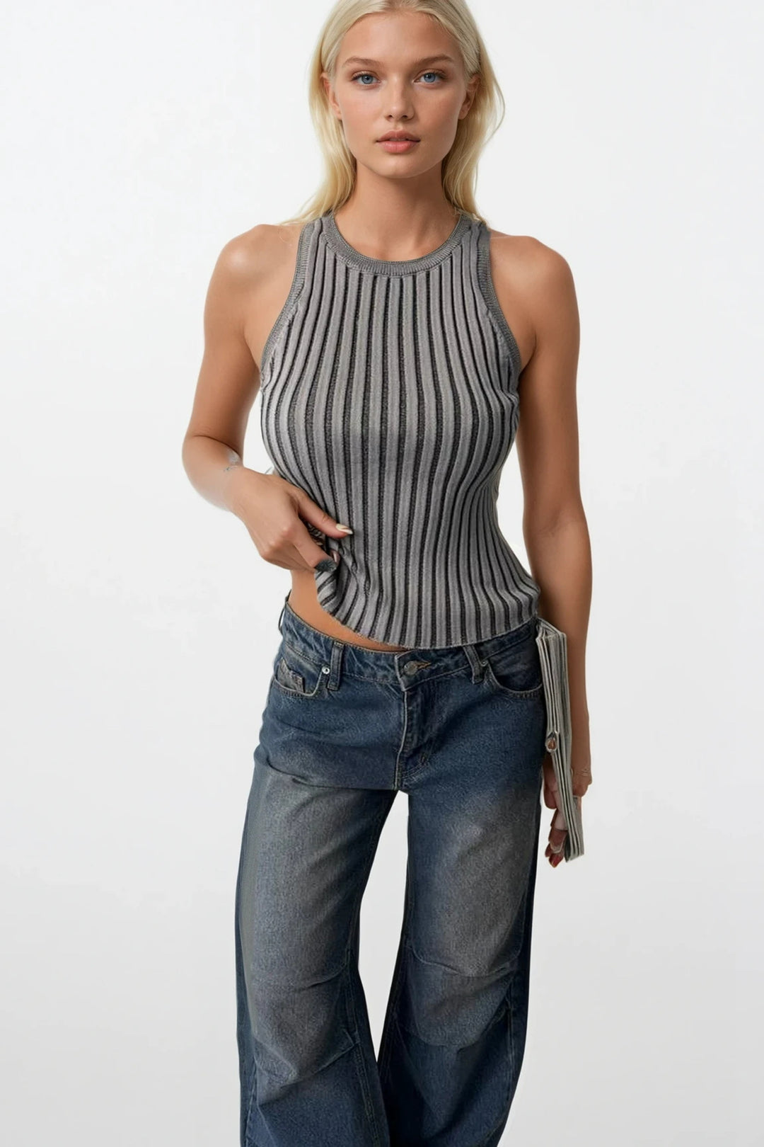 Ribbed Swim Collar Gray Blouse 