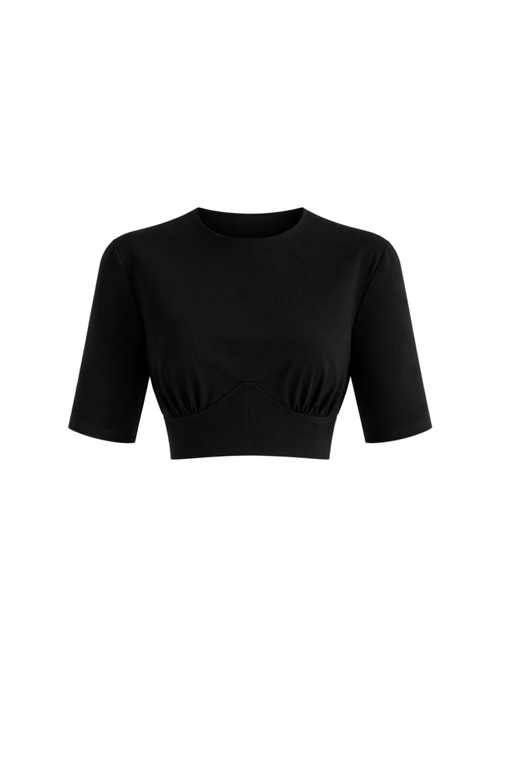 Bel Oturtmalı Crop Siyah T-Shirt