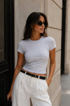 Bisiklet Yaka Likralı Gri Crop T-Shirt