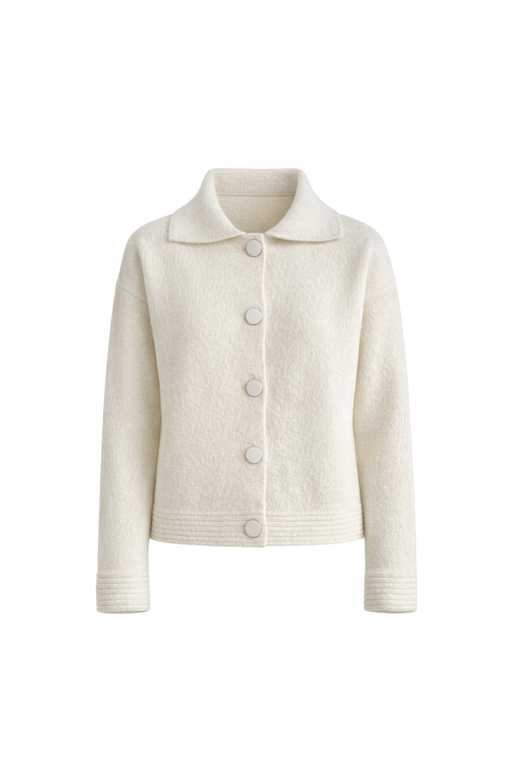 Polo Yaka Düğme Detay Ekru Triko Hırka