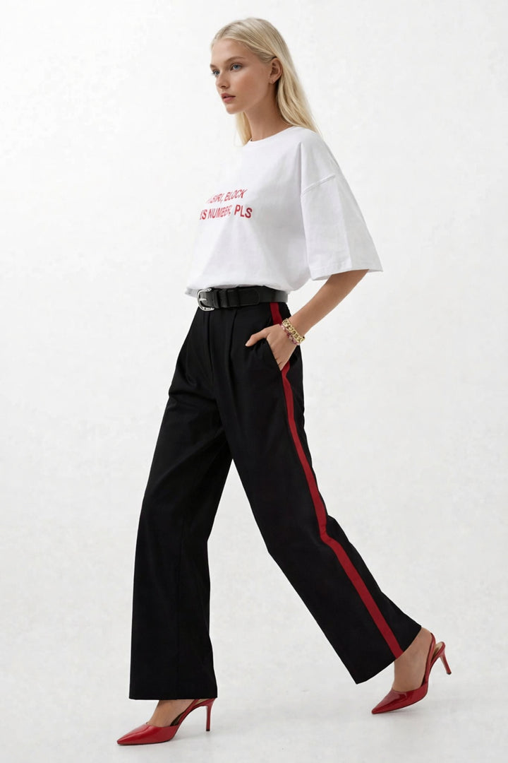 Şerit Detay Palazzo Siyah Pantolon