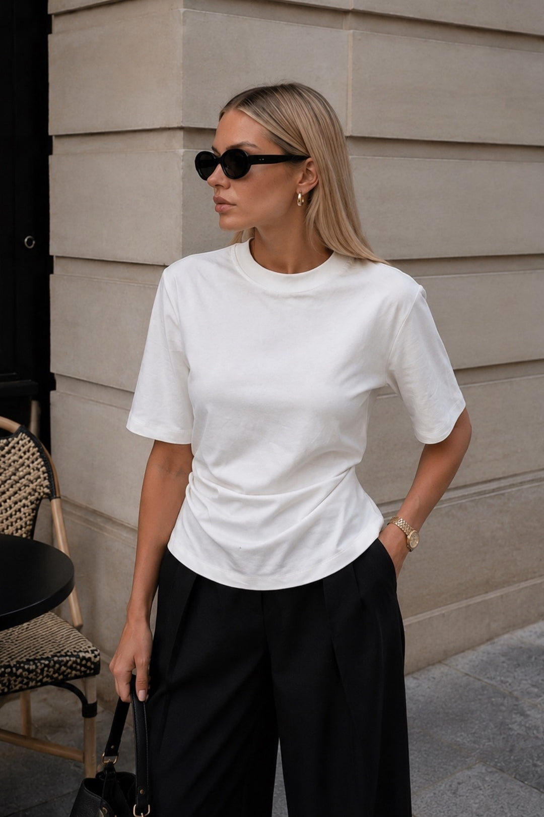 Bel Büzgülü Basic Beyaz T-Shirt