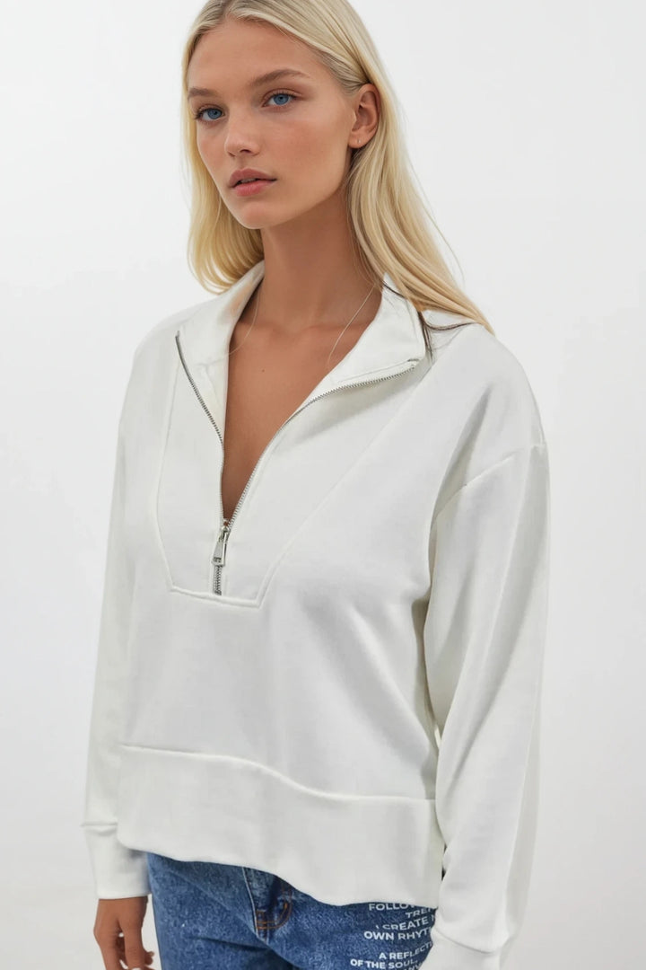 Fermuar ve Dikiş Detaylı Ekru Sweatshirt