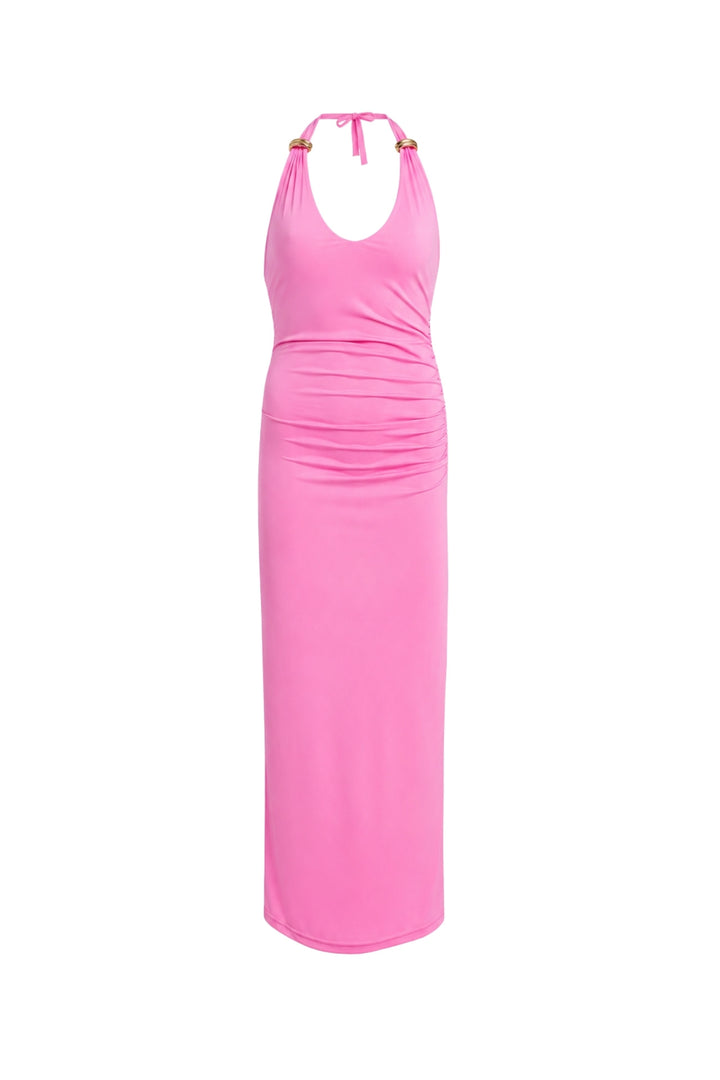 Aksesuar Detay Maxi Pembe Elbise