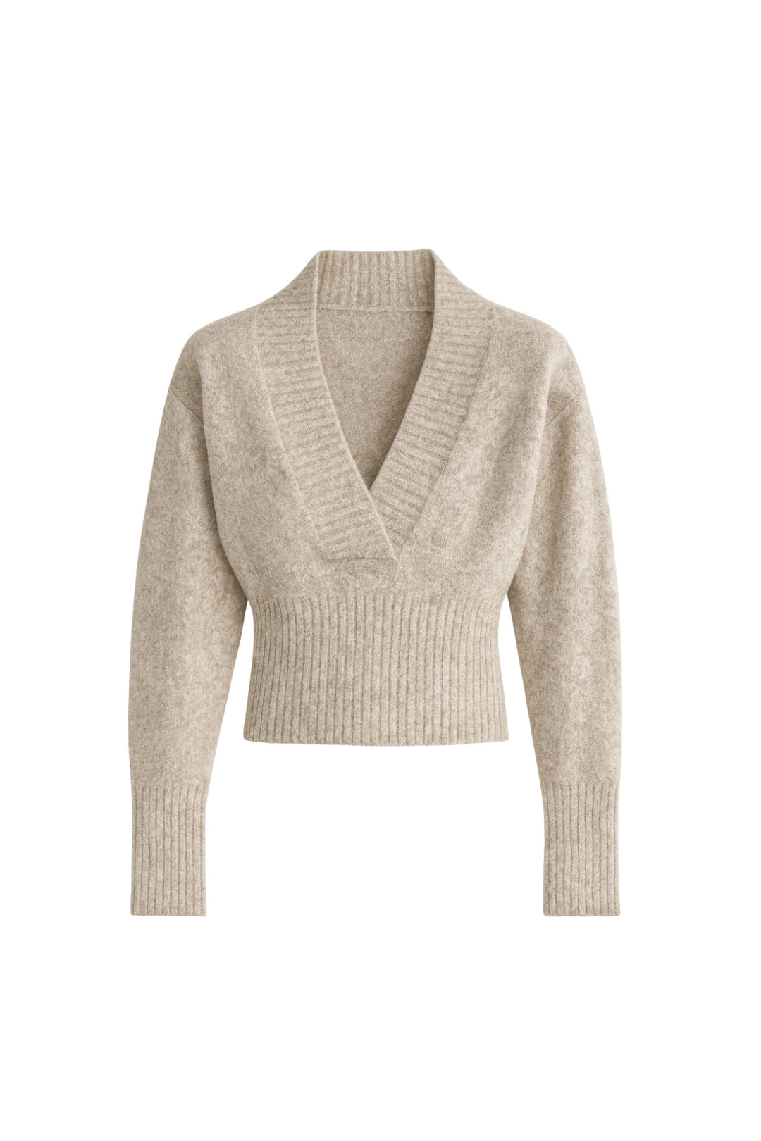 V Yaka Bel Oturtmalı Bej Triko Kazak