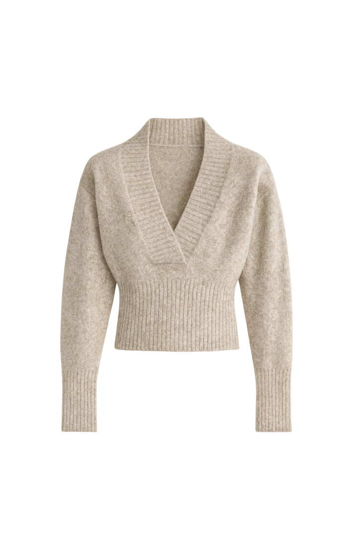 V Yaka Bel Oturtmalı Bej Triko Kazak