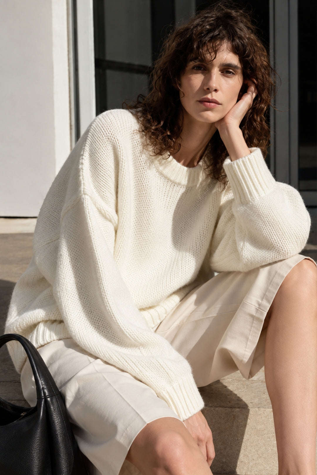 Crew Neck Basic Knit White Sweater