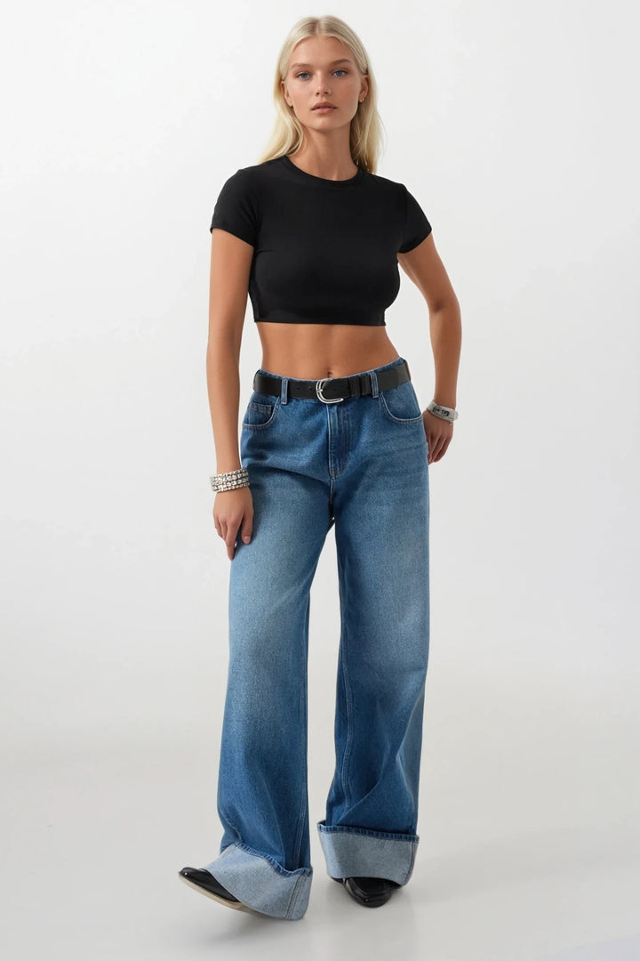 Likralı Basic Crop Siyah T-Shirt