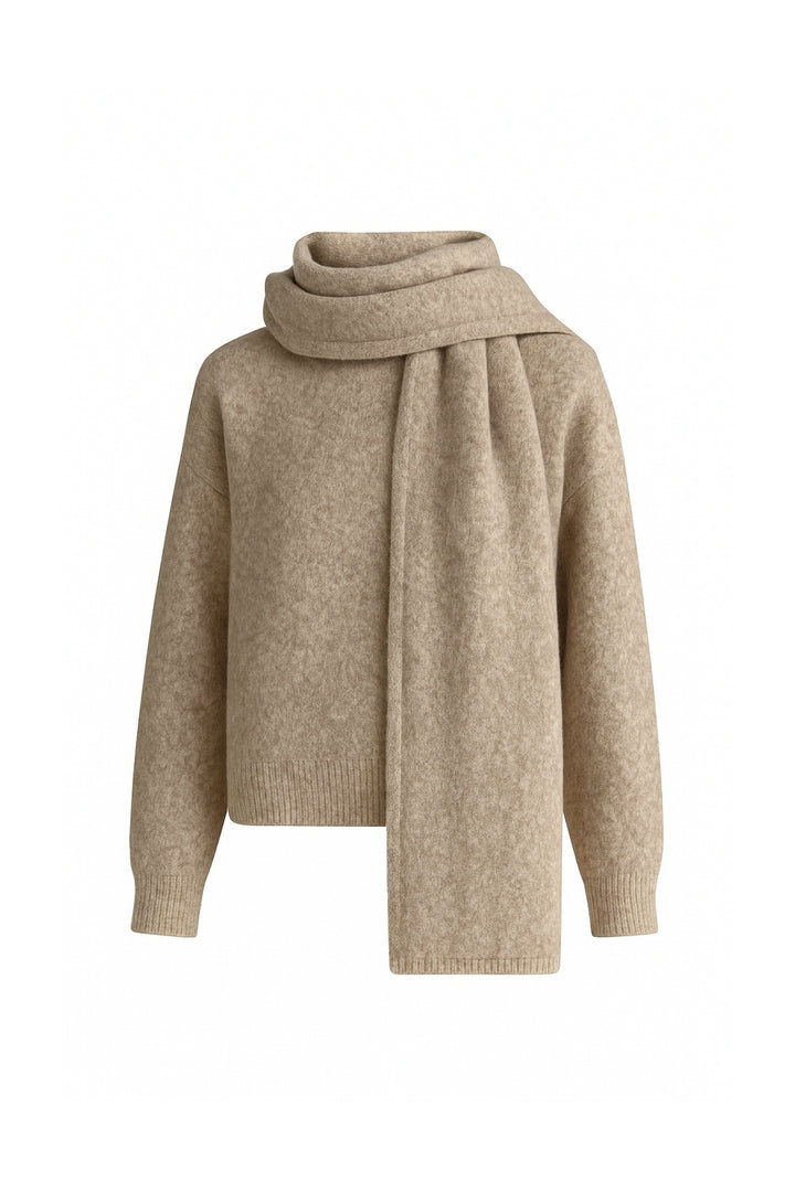 Atkı Detay Dokulu Bej Triko Kazak İkili Takım