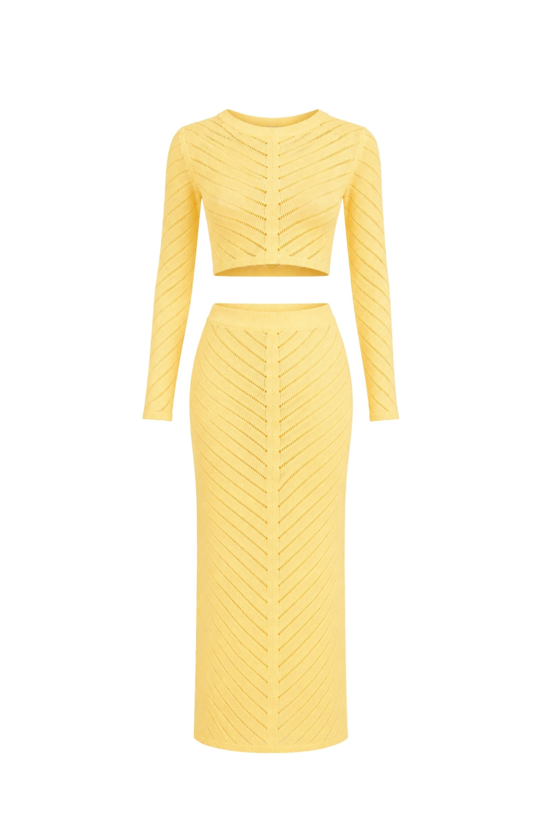 Örgü Desen Crop Bluz Maxi Etek İkili Sarı Triko Takım