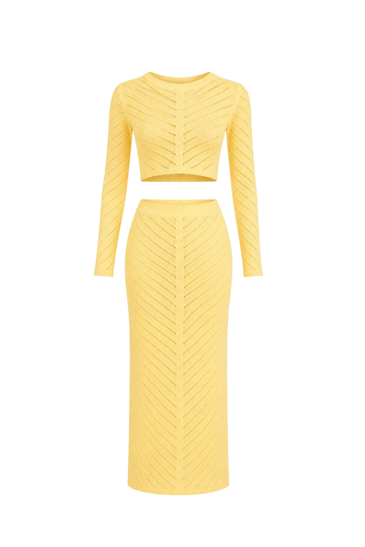 Örgü Desen Crop Bluz Maxi Etek İkili Sarı Triko Takım
