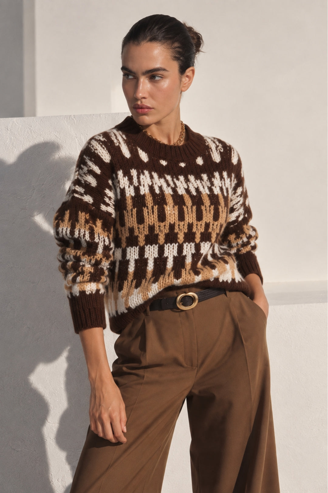 Patterned Brown Knit Sweater