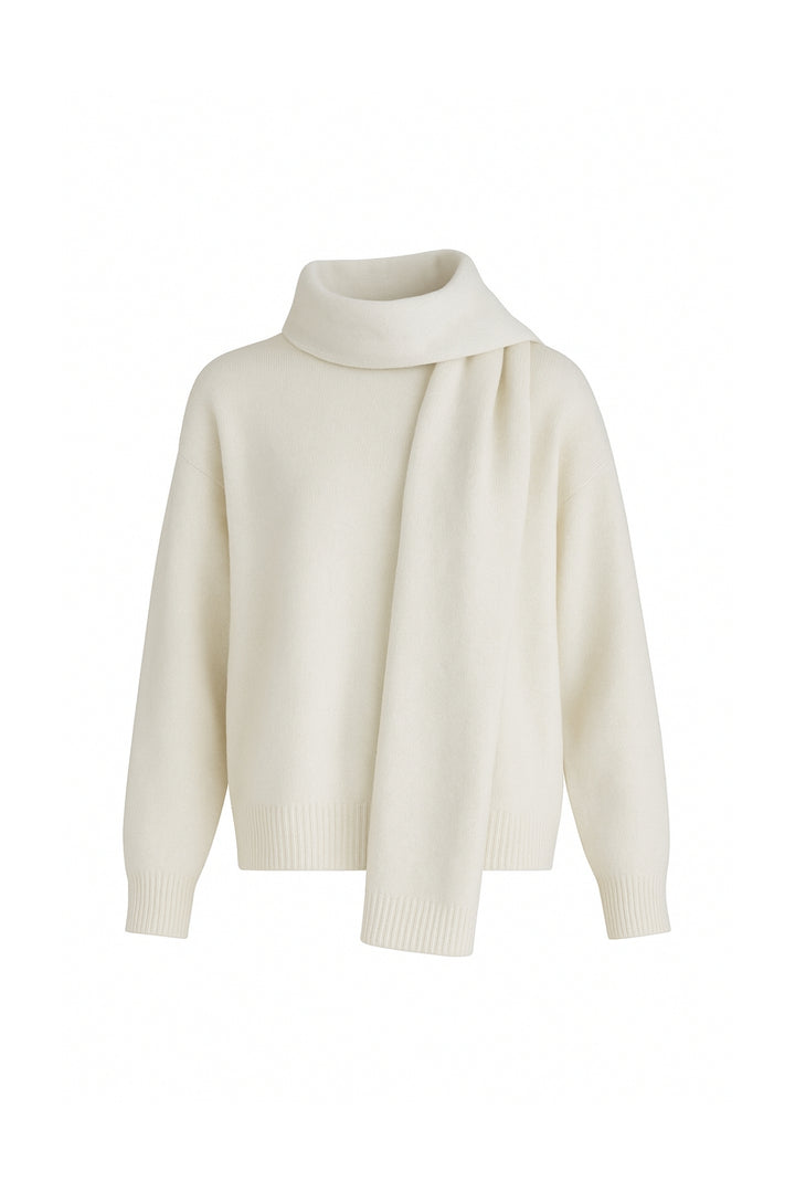 Atkı Detay Dokulu Ekru Triko Kazak İkili Takım