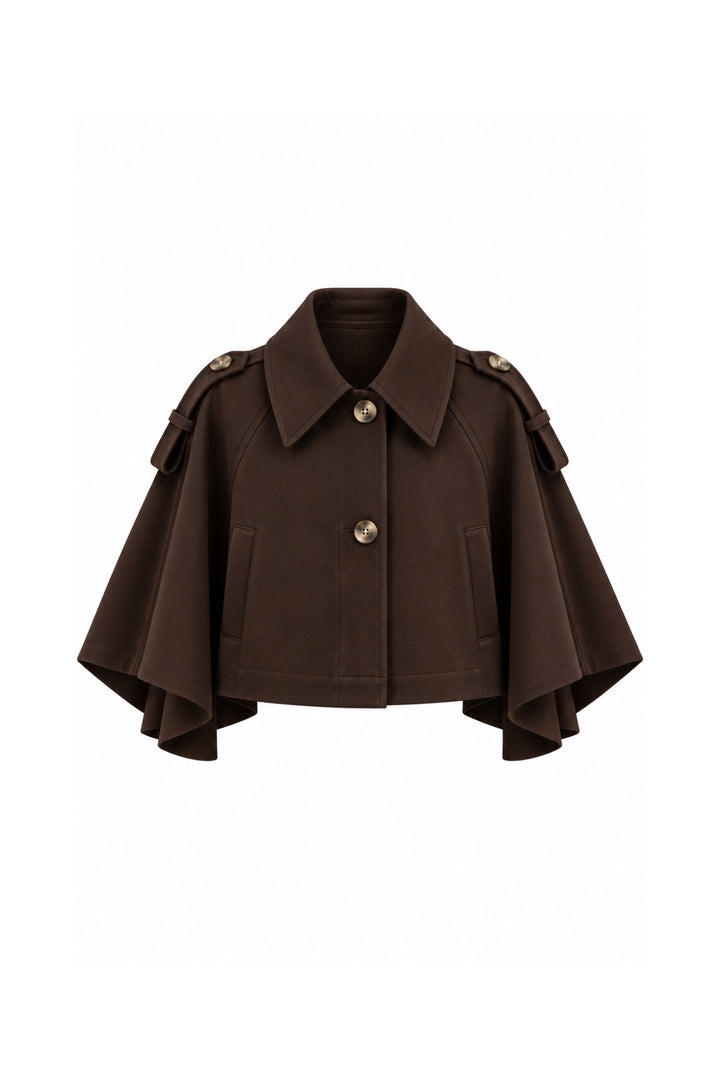 Düğme Detay Crop Kahverengi Pelerin Trenchcoat