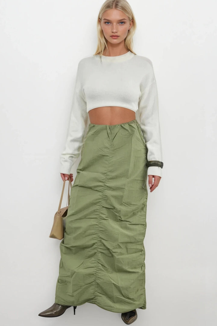 Gathered Detail Khaki Maxi Skirt 