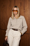 Beige Button-Up Polo Knit Sweater