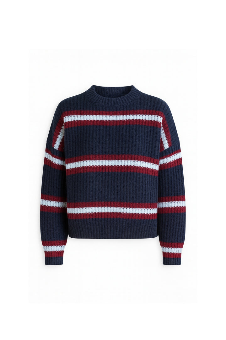 Çizgili Bisiklet Yaka Lacivert Triko Kazak