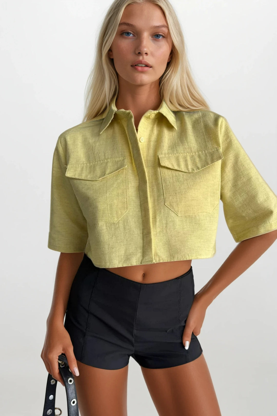 Cep Detay Yarım Kol Crop Keten Sarı Gömlek