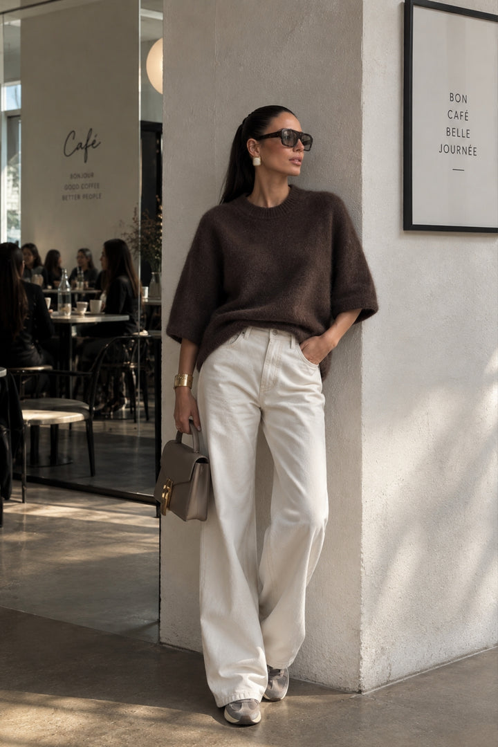 Bisiklet Yaka Oversize Dokulu Kahverengi Bluz