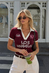Polo Yaka Çift Renk Baskılı Bordo Crop T-Shirt