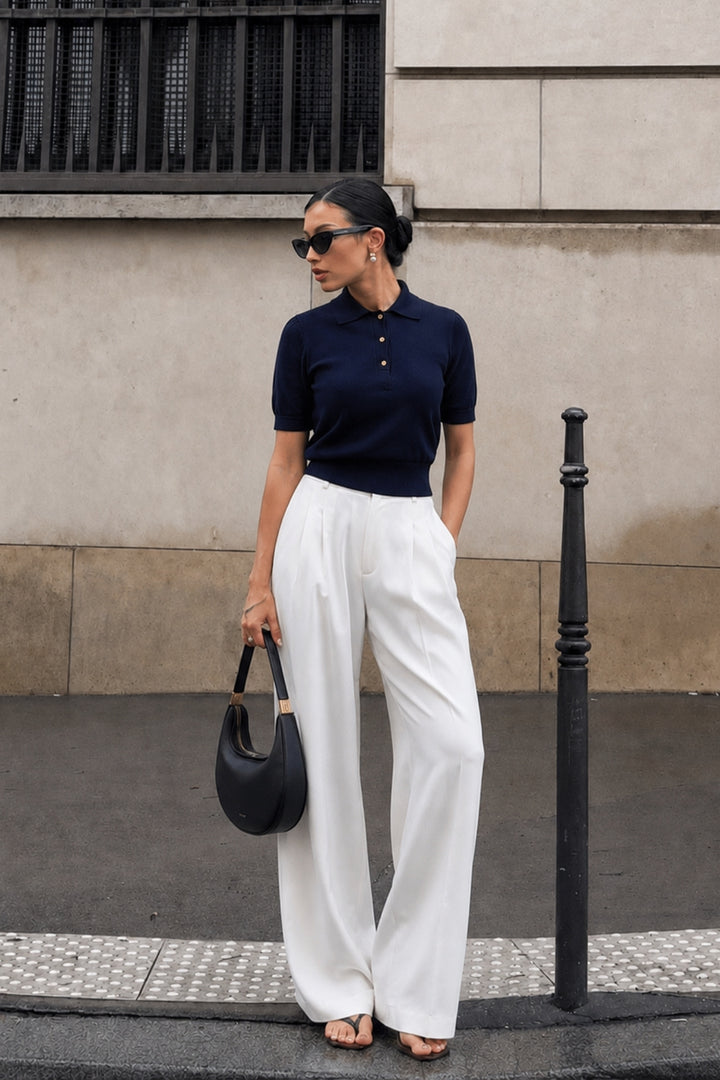 Polo Yaka Gold Düğmeli Lacivert Bluz