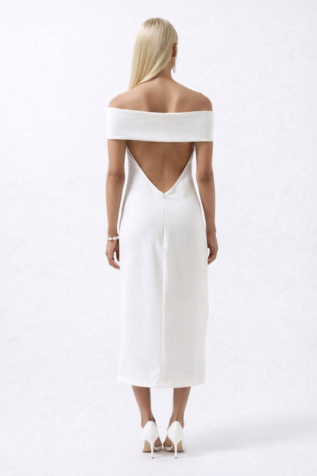 Omuz Katlama Detay Maxi Beyaz Elbise