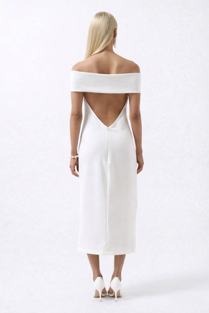 Omuz Katlama Detay Maxi Beyaz Elbise
