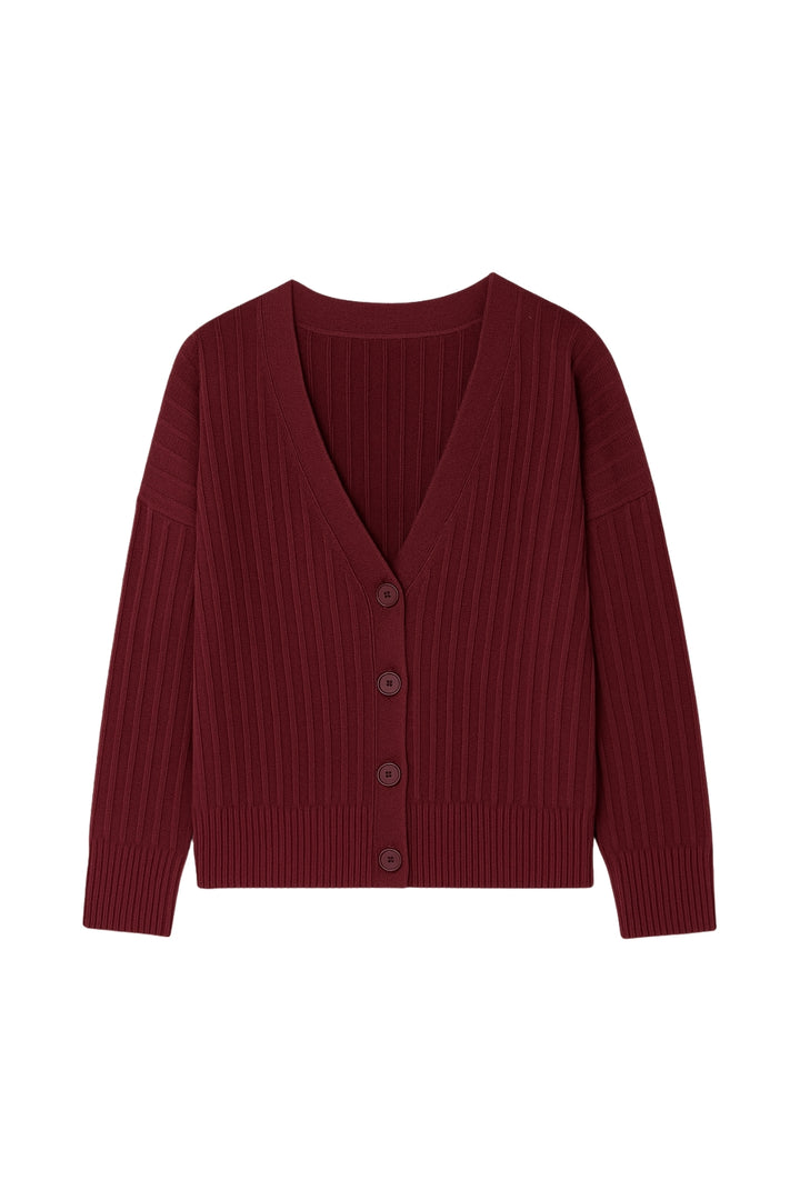 Düğmeli V Yaka Bordo Triko Hırka