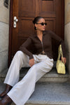 Polo Neck Double Zipper Brown Knit Blouse