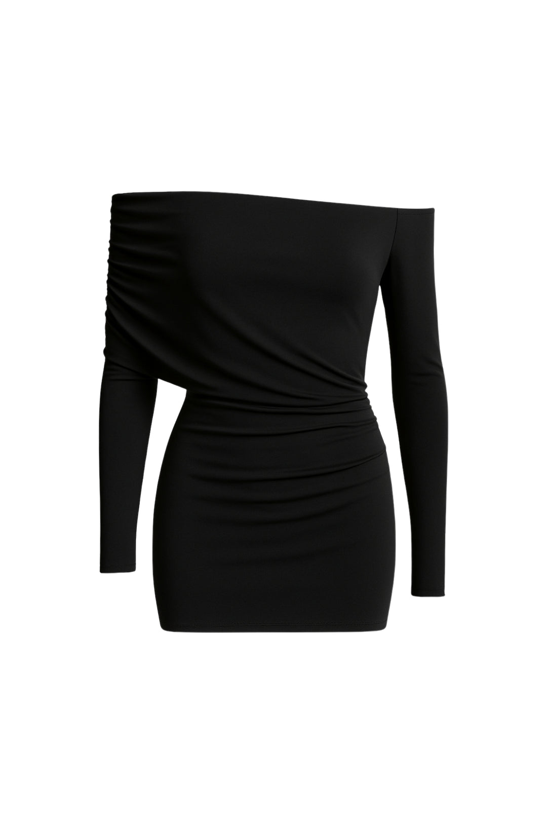 Tek Omuz Büzgülü Siyah Mini Elbise