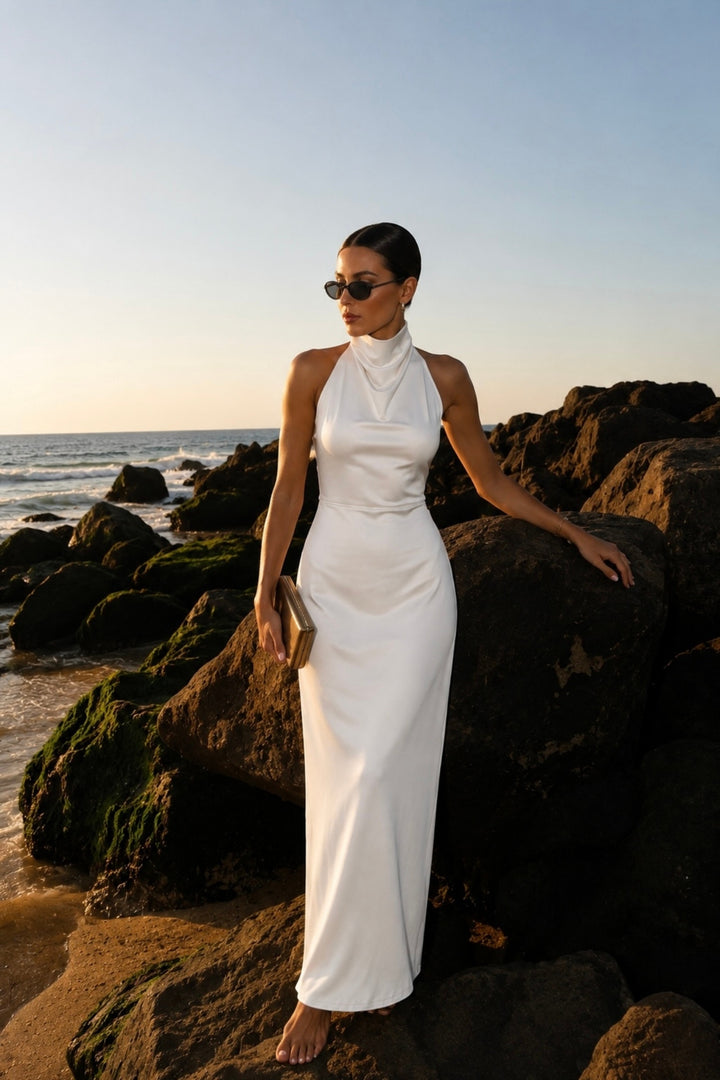 Cowl Neck Maxi White Satin Dress